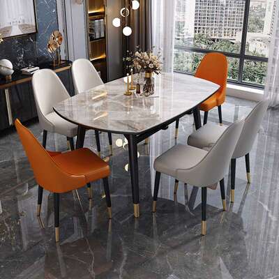 轻奢亮光岩板餐桌椅可伸缩多功能饭桌组合小户型实木折叠可变圆桌