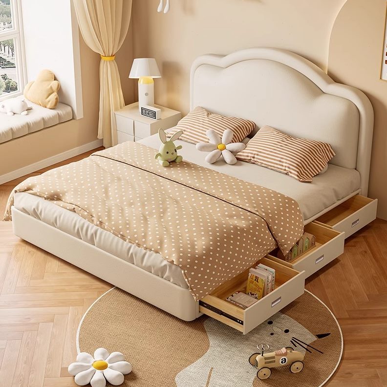 现代简约白色储物床女孩儿童床公主床双人床轻奢皮床1.8m卧室1米5