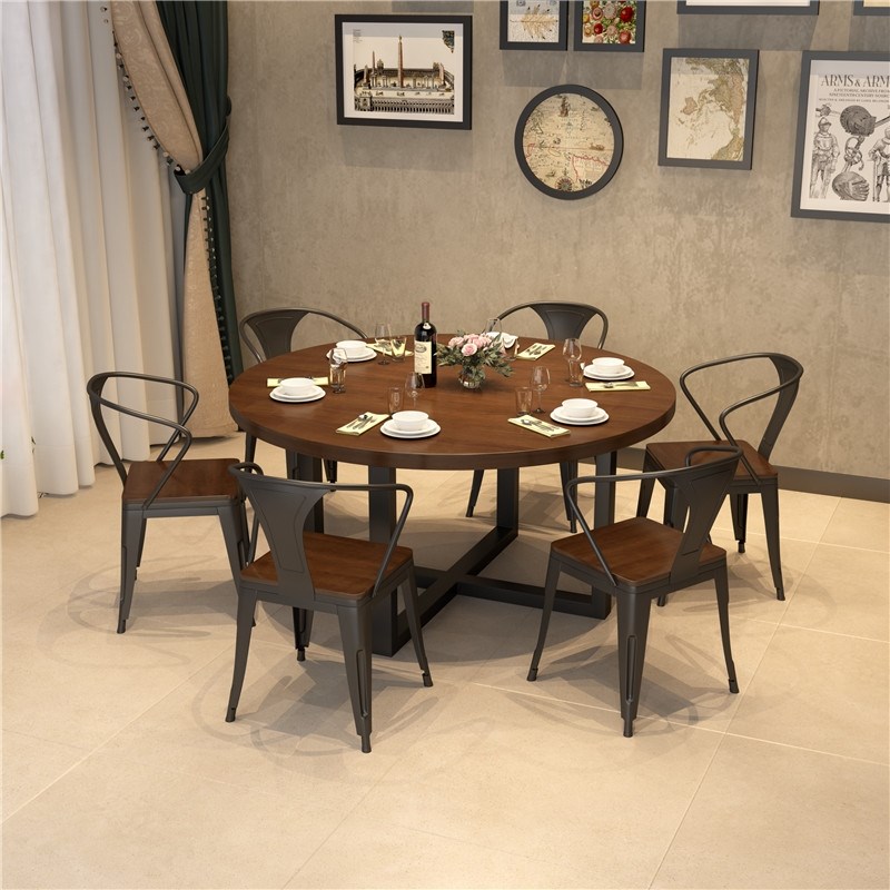 复古工业风实木餐桌酒店包厢桌子火D锅桌椅组合商用餐厅饭店大圆
