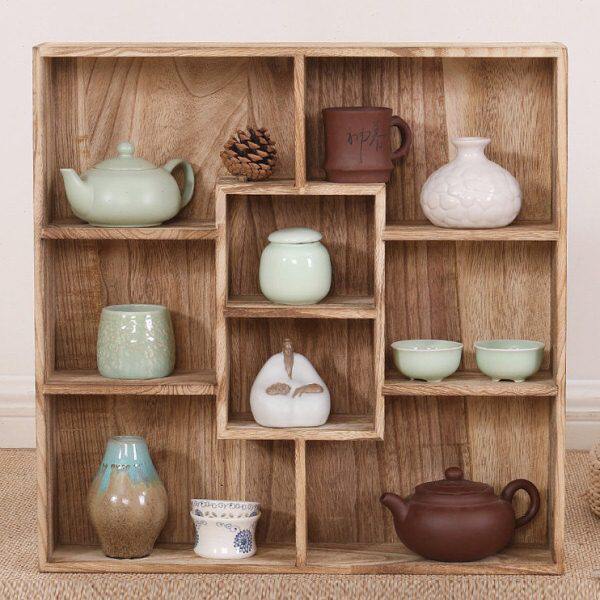 厅茶具茶道置物架展示挂墙收纳架茶室博古架实木家用原色新中式