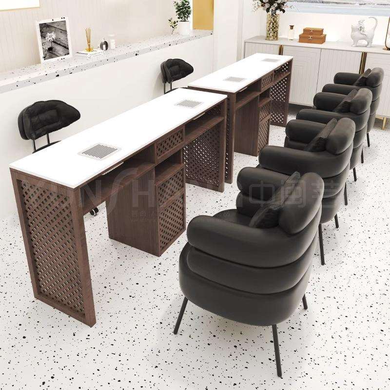 中闽芸尚新中式实木美甲桌椅套装中古风自带吸尘器单人双人修甲台