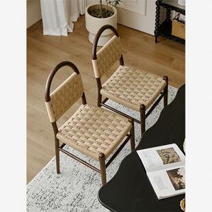 法式中古薇薇安餐椅绳编实木椅子复古客厅家用编织靠背休闲化妆椅