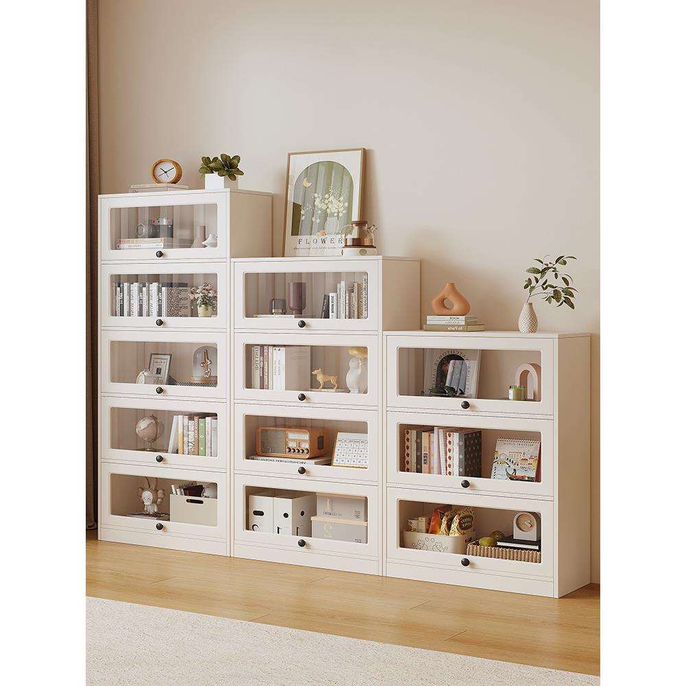 实木防尘书柜奶油风翻门玻璃书架展示柜落地简约现代书房收纳柜子