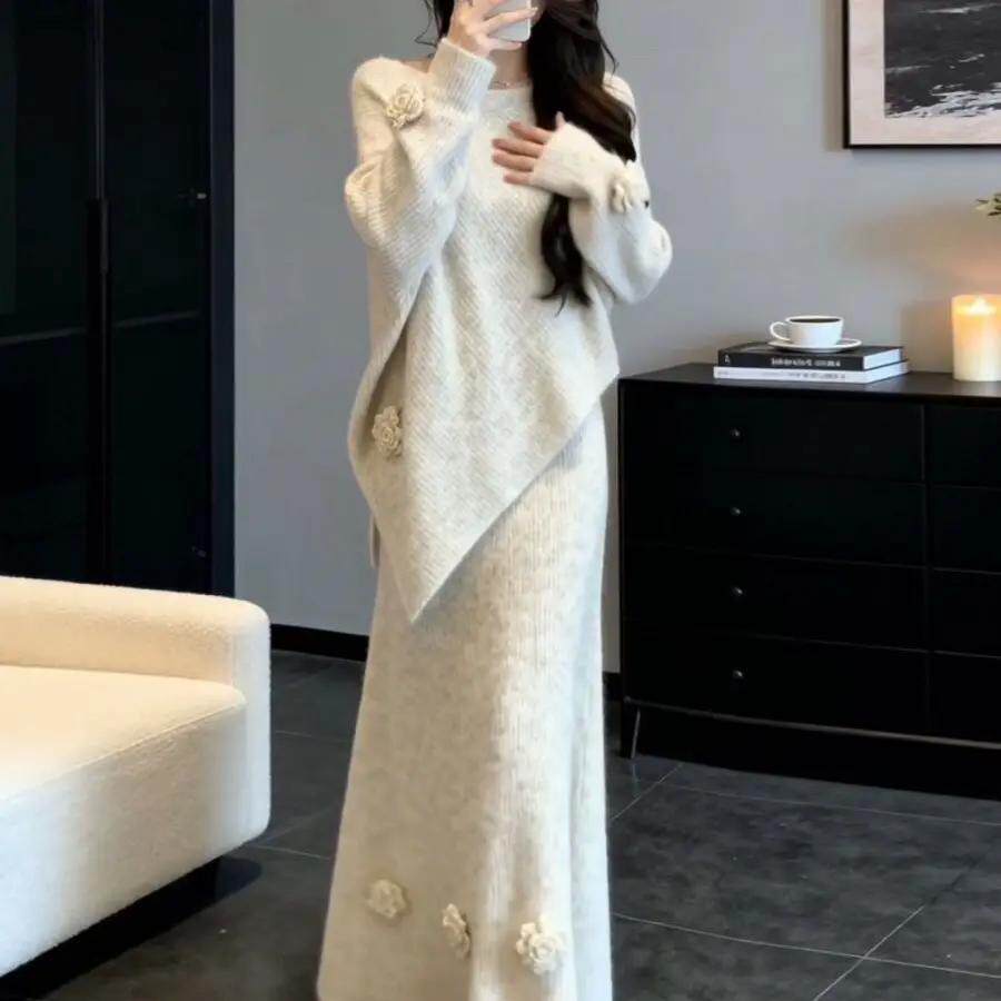 韩系温柔风时尚针织半身裙套装女秋冬季宽松显瘦气质毛衣套装裙子