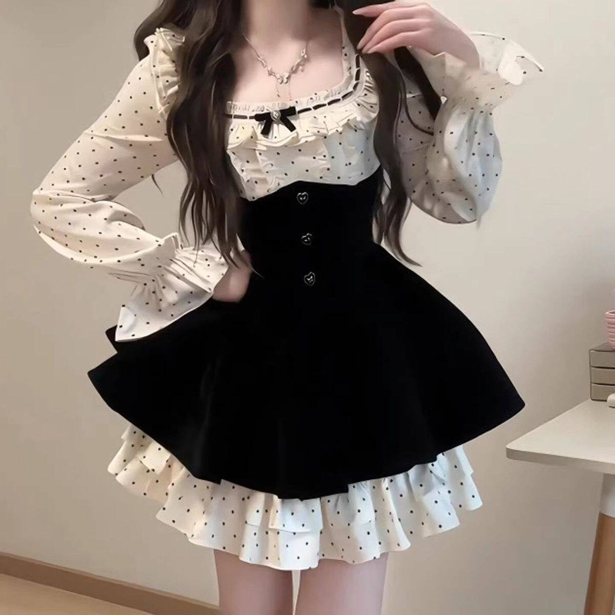 法式波点假两件连衣裙高级感千金风礼服公主裙生日蓬蓬裙秋季裙子