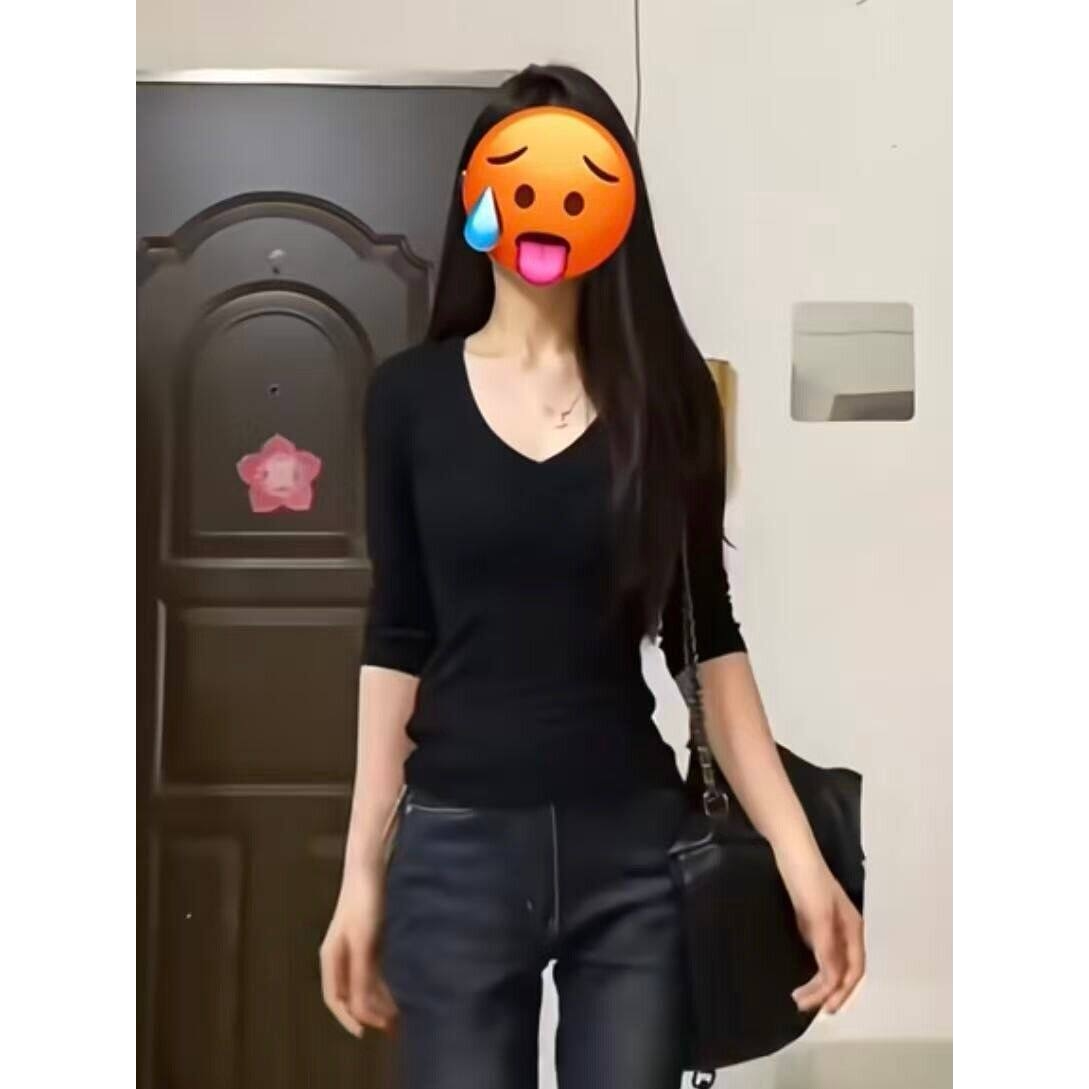 黑色v领内搭打底衫上衣长袖女秋冬季紧身修身正肩t恤显瘦秋冬加绒