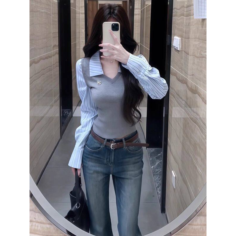 灰色条纹假两件拼接长袖衬衫女2026早秋新款设计感修身显瘦上衣