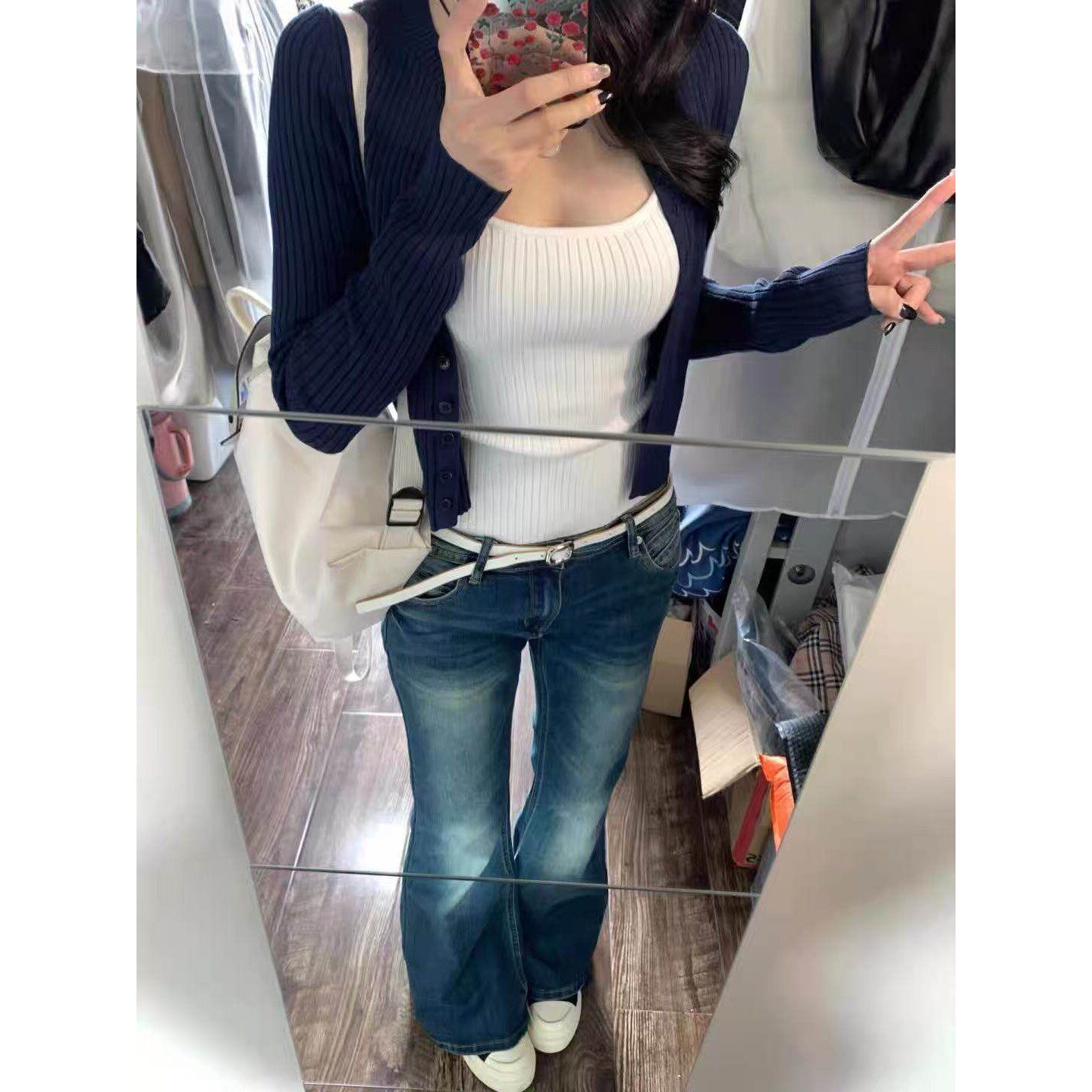 韩系藏青色开衫针织衫女春秋短款内搭叠穿吊带背心百搭两件套上衣