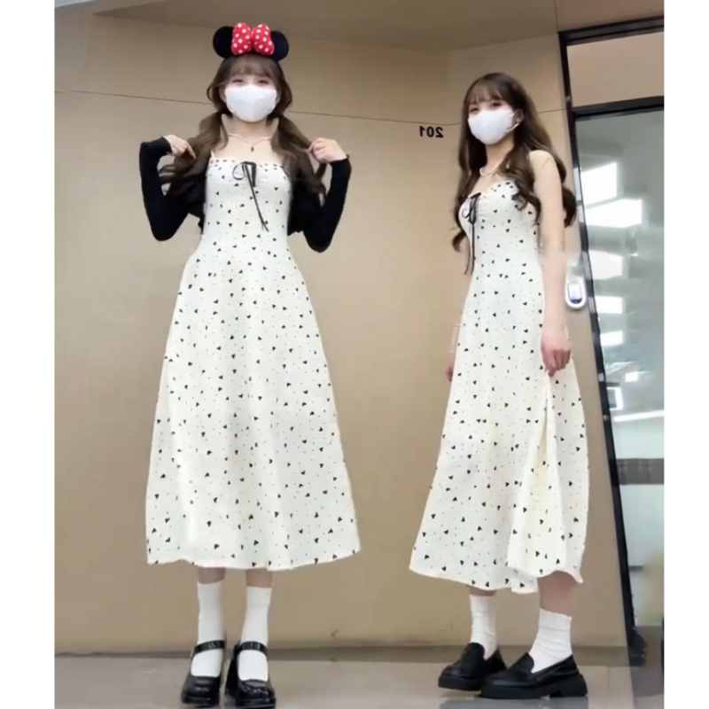织物猪 香草奶盖 黑白爱心碎花吊带连衣裙女早秋温柔收腰长裙子
