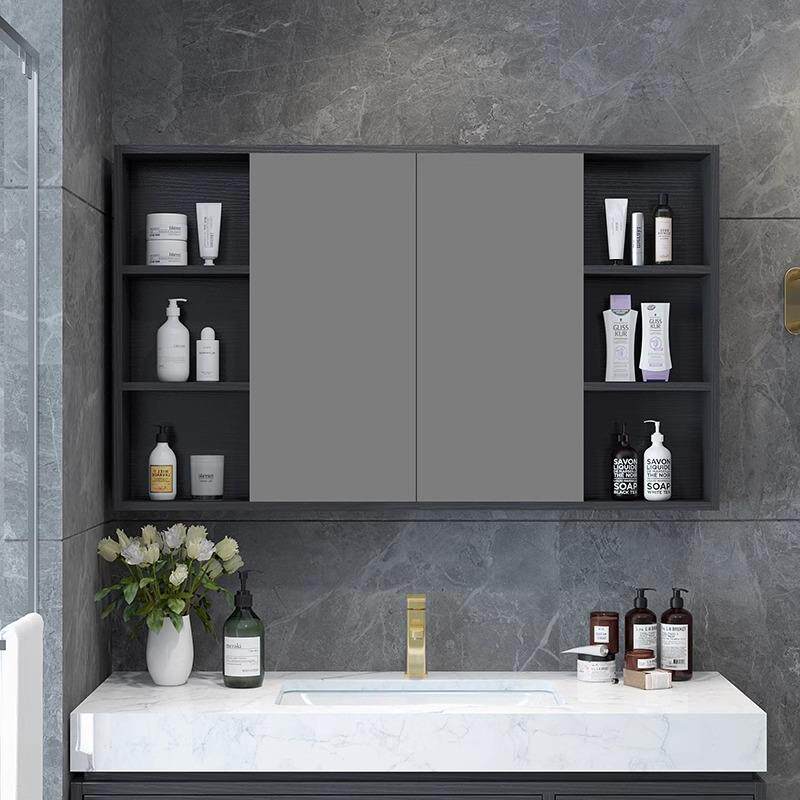 风水镜柜可折叠隐藏式浴室镜柜智能带灯卫生间镜子带置物架实木