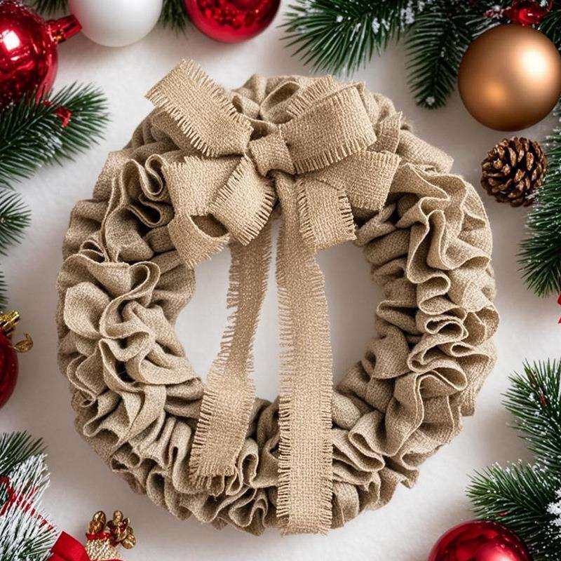 LT 跨境圣诞麻布法式蝴蝶结手工花环门墙橱窗挂件家居装饰花环