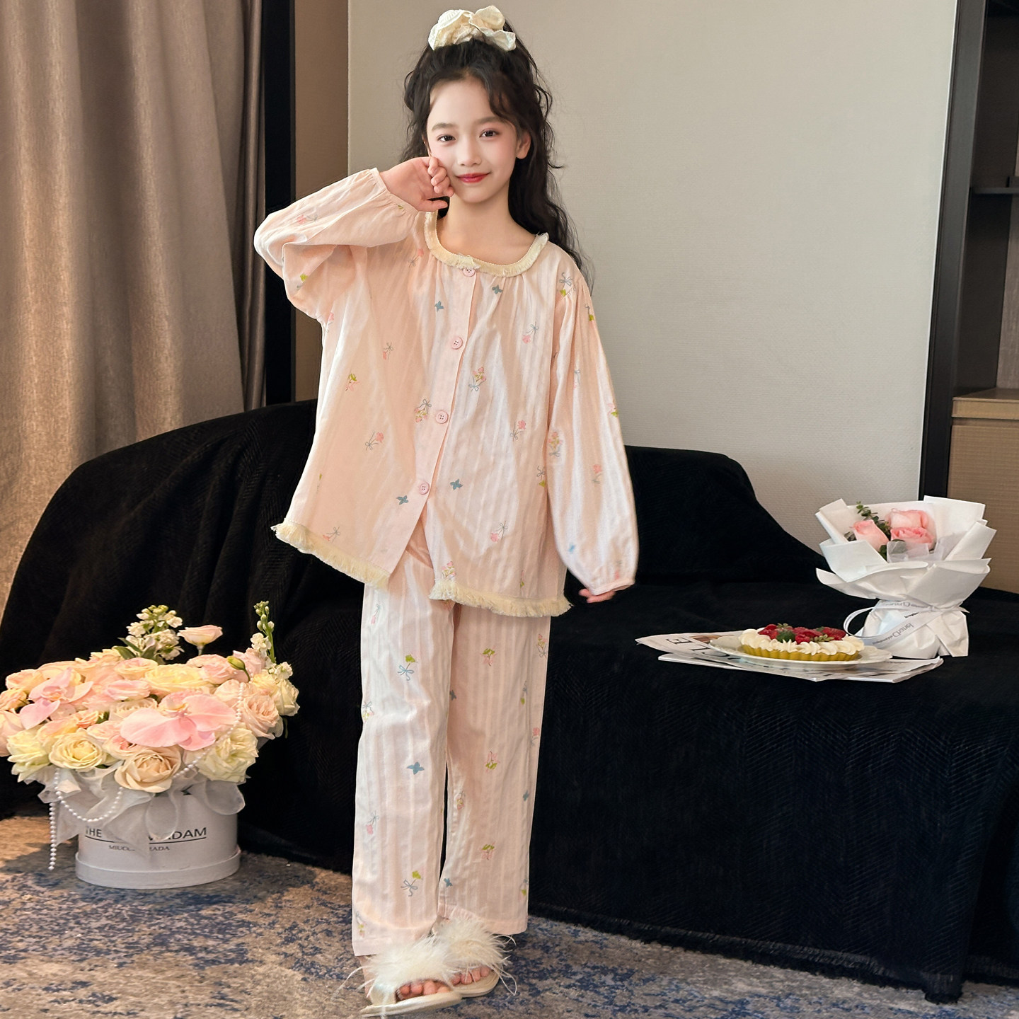 女童A类纯棉睡衣春夏新款儿童甜美全棉长袖中大童女孩开衫家居服