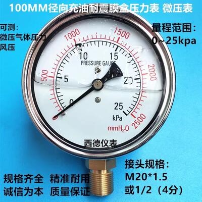 YE100 100MM径向0~25KPA充油耐震膜盒压力表 耐震微压表 气压表