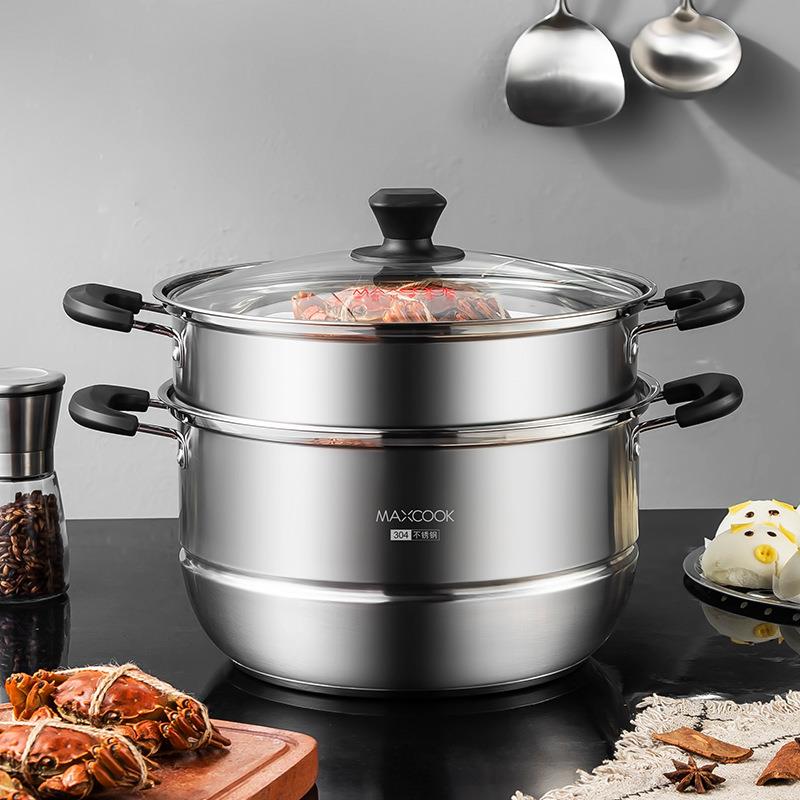 美厨304不锈钢复底二层蒸锅26 28 30 30 32 34 36 CM(玻盖)