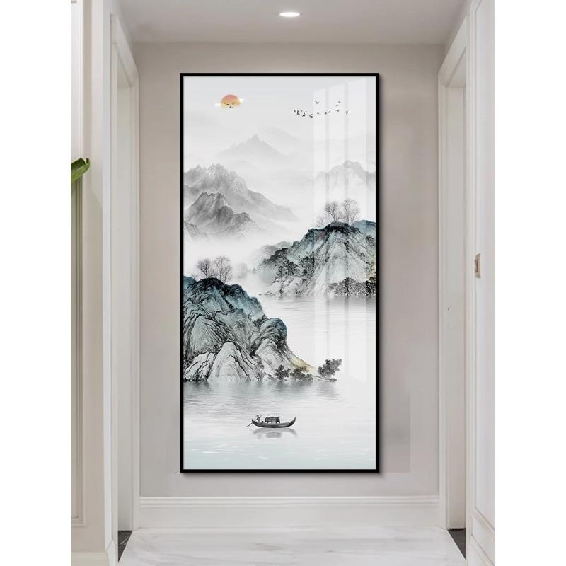 新中式山水风景入户玄关装饰画现代高档壁画客厅走廊过道竖版挂画