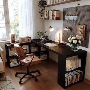 黑色转角书桌书柜一体靠墙书桌双人台式电脑桌书房学习桌子工作台