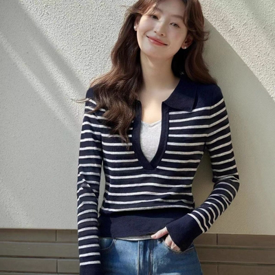 2025新款条纹假两件针织衫女秋冬翻领修身显瘦套头上衣保暖打底衫