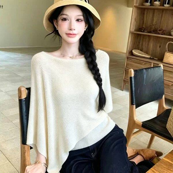 纯欲风一字肩针织衫女夏季薄款宽松显瘦气质披肩式独特巨好看上衣