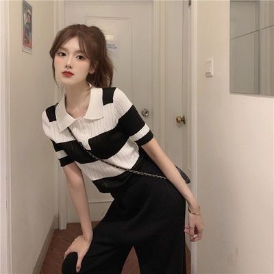 条纹拼接短袖针织衫女百搭短款