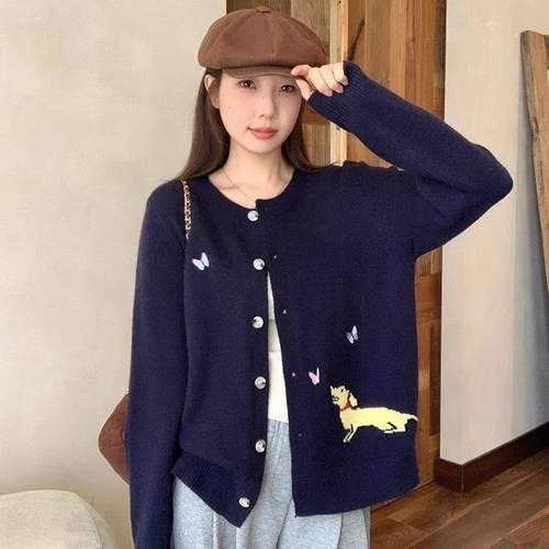 卡通风动物图案针织开衫女秋冬慵懒风显瘦修身毛衣外套刺绣长袖潮