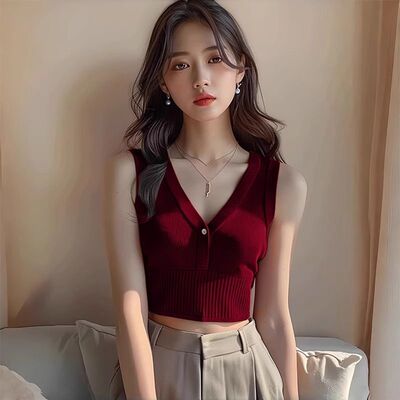 女夏季港式复古风V领高腰无袖针织背心性感美背显瘦百搭打底上衣