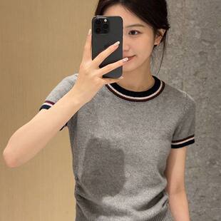 短袖 薄款 灰色圆领套头百搭减龄时髦少女上衣 女夏季 撞色条纹针织衫