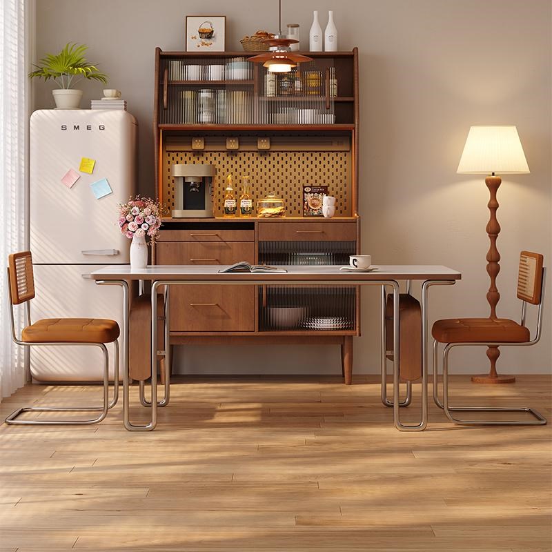 中古风实木岩板餐桌家用现代简约小户型I不锈钢腿餐桌椅组合长方