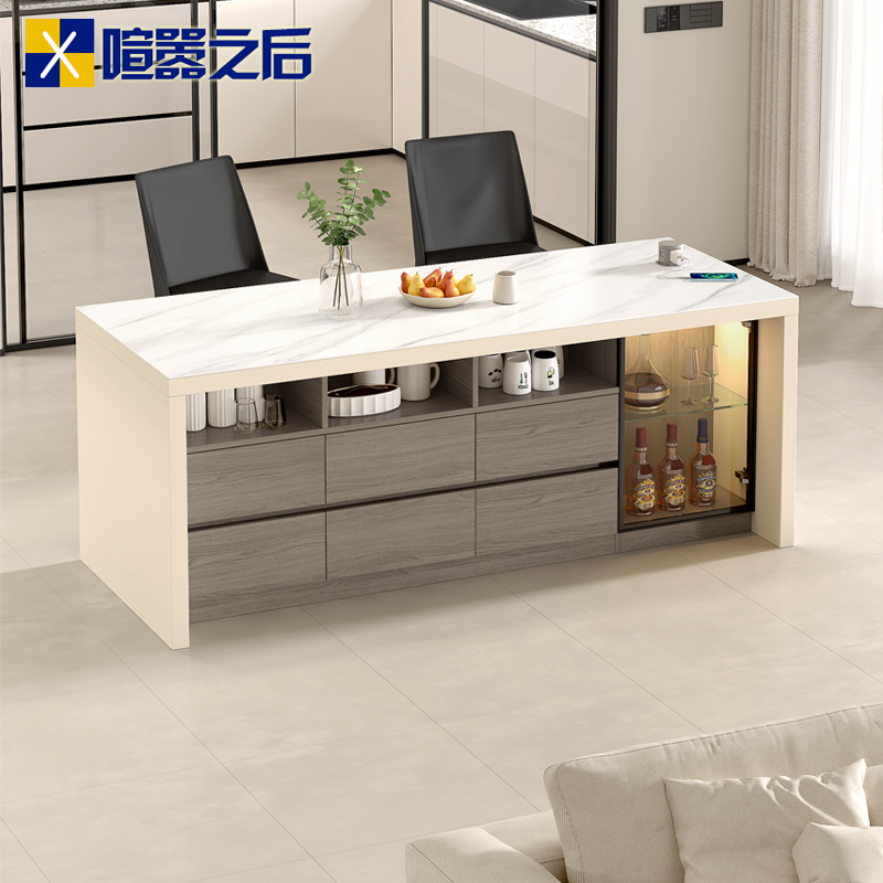 新款岩板餐桌中岛台小户型开放式厨房吧台桌子一体酒柜V储物柜8E6