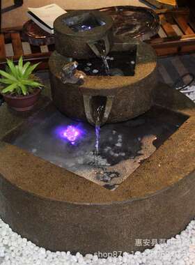 低价 仿古创意磨盘流水摆件 家居别墅大厅石雕三圆石磨装饰