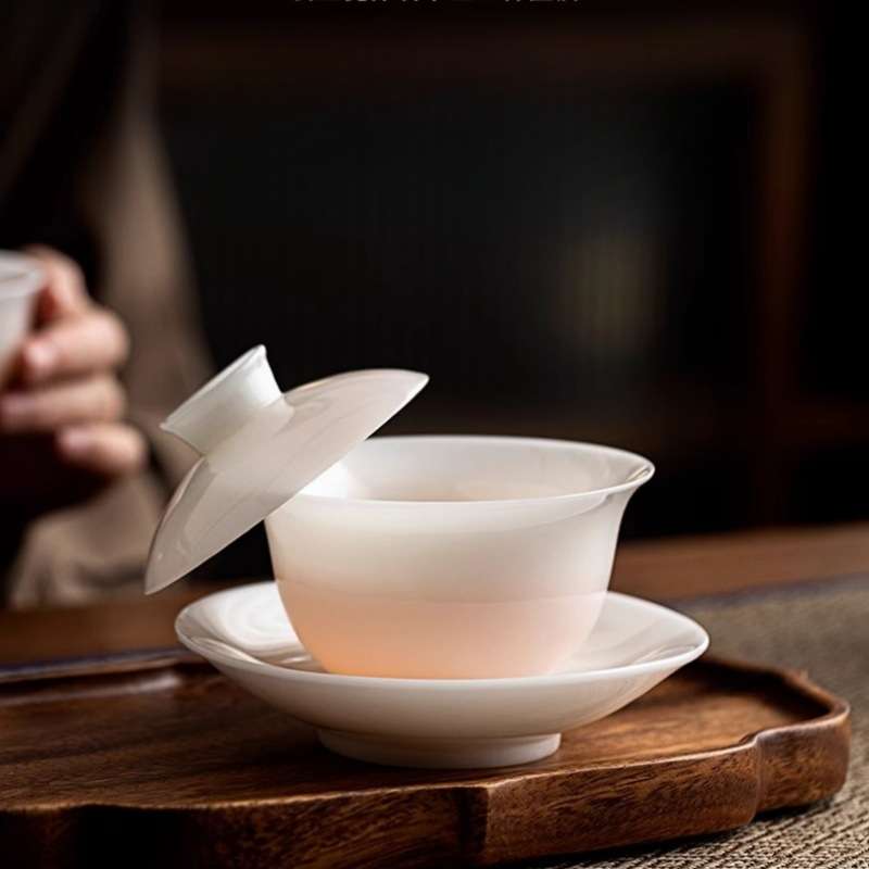 德化璞玉白瓷茶碗陶瓷羊脂玉三才盖碗悬停温润超透茶具商务纪念品