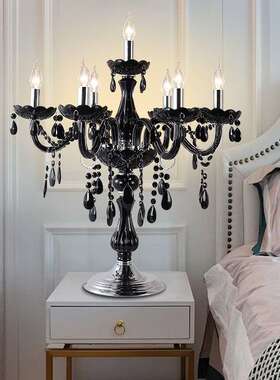 黑色复古客厅餐厅水晶台灯轻奢卧室床头灯法式别墅餐桌LED装饰灯