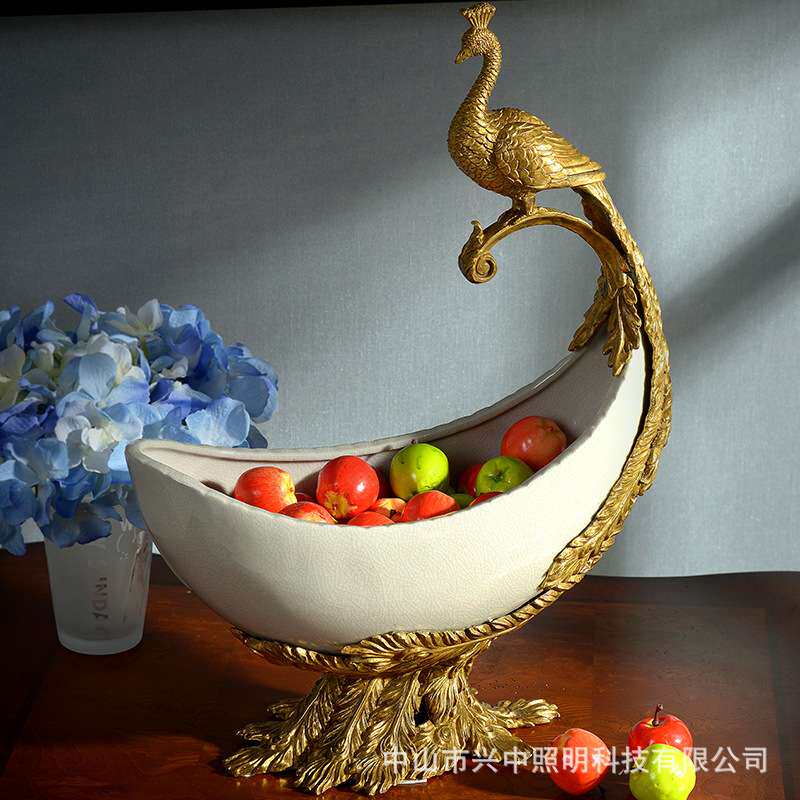 美式欧式简约现代陶瓷配铜红色白色客厅餐厅水果盘别墅装饰摆件