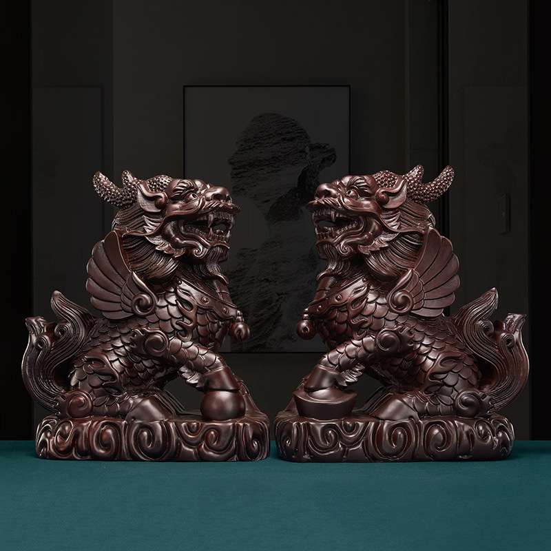 黑檀实木雕刻瑞兽麒麟招财摆件一对门口入户玄关办公室桌面装饰品