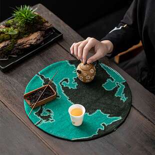 柿子染茶席手工双面茶盘壶承干泡垫手缝茶具刺绣茶布茶旗茶道配件