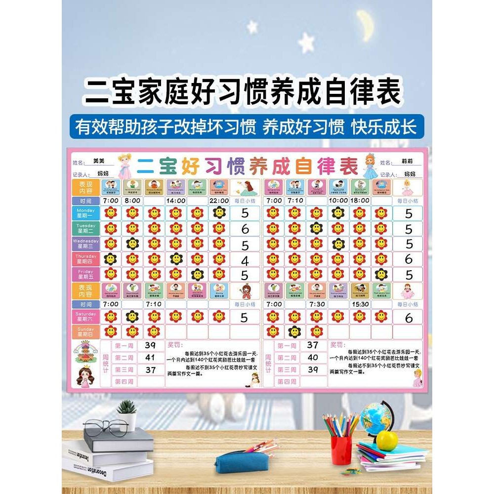 家庭二宝儿童成长自律表家用好习惯养成计划表家庭奖罚贴