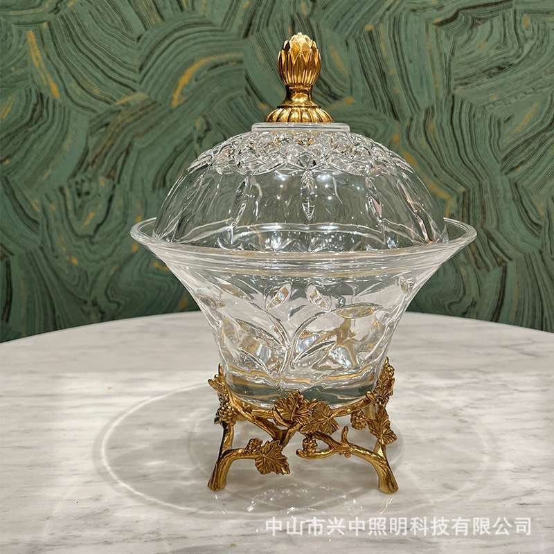 欧式全铜水晶玻璃带盖小果盘糖果盒首饰盒美式茶几装饰罐收纳盒