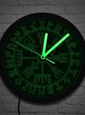 LED发光挂钟黑色墙钟北欧海盗维京人标志符文家居装饰时壁钟跨境