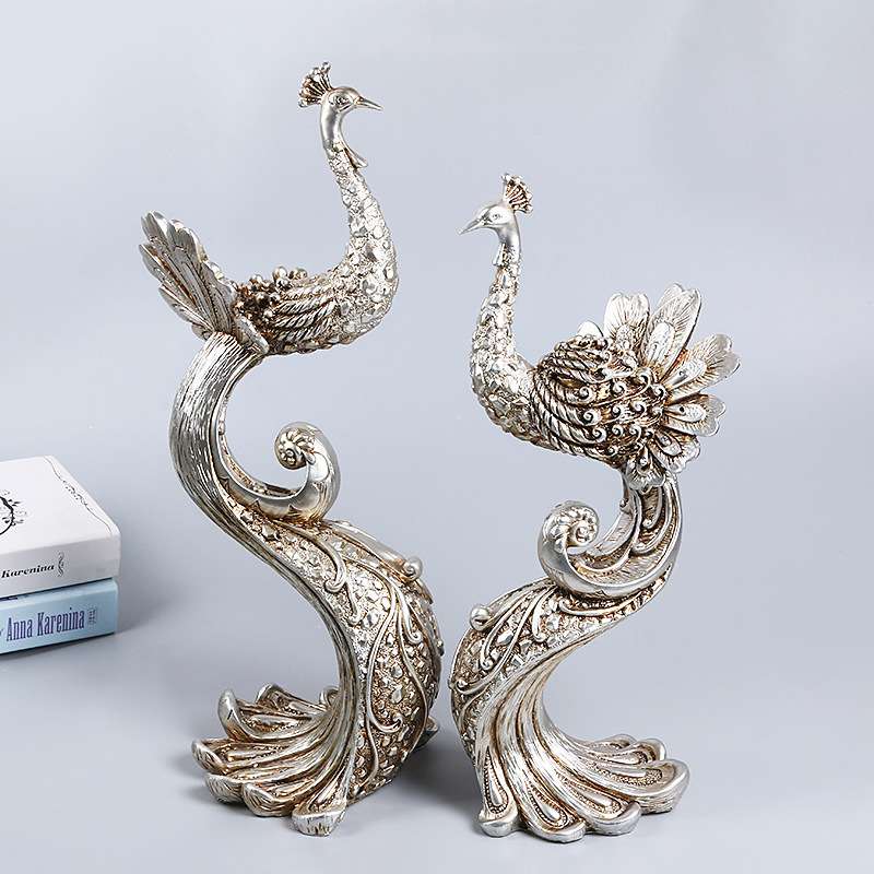 跨境欧式复古古银色孔雀情侣摆件 工艺品树脂雕塑桌面装饰品 厂家
