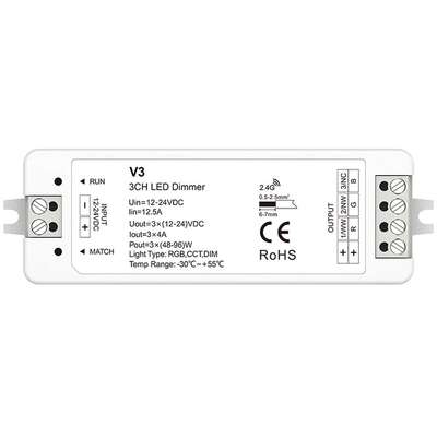 V3 12-24VDC 3CH*4A RGB/色温/调光三通道LED控制器 2.4G信号中继