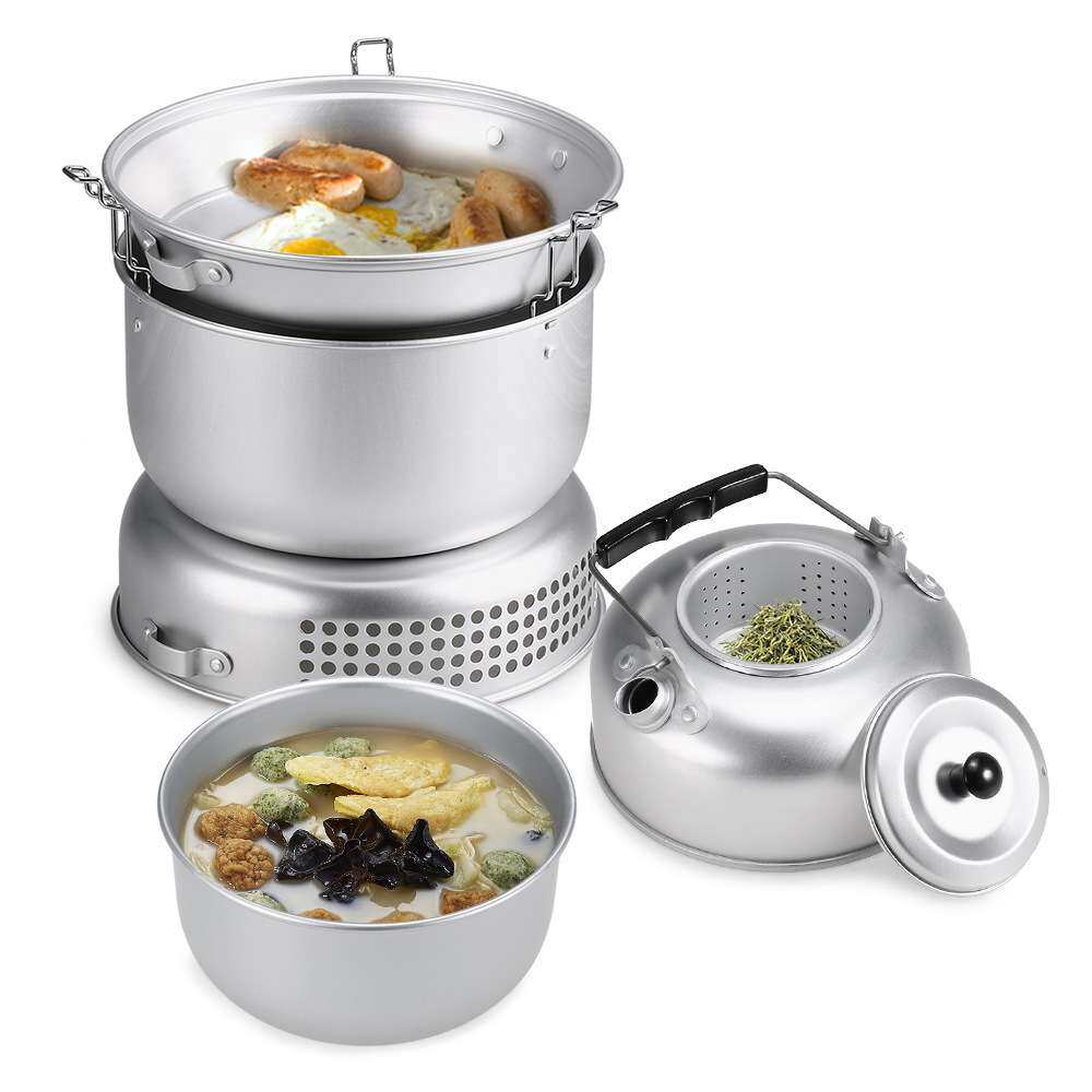 亚马逊热销户外便携式防风酒精炉套装野营套锅露营炊具茶壶套装