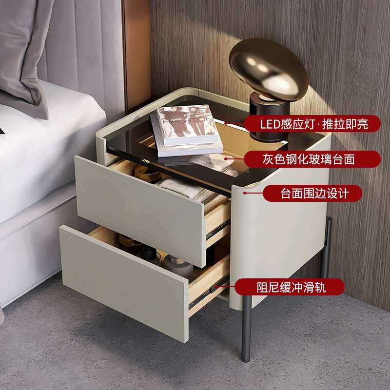 意式极简床头柜简约现代轻奢高端设计师卧室网红玻璃台面储物边柜