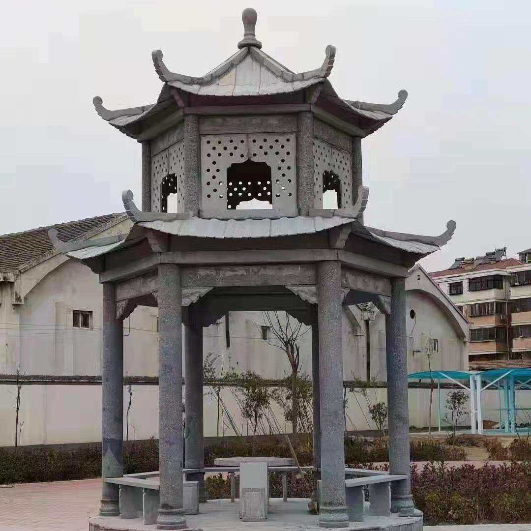 石雕凉亭石亭子户外庭院大理石麻石中式别墅公园园林六角石凉亭