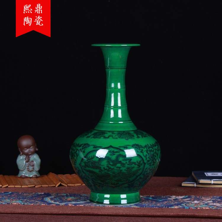 景德镇陶瓷工艺品 仿古翡翠绿 陶瓷花瓶 家居时尚复古摆件