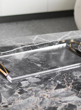 极简轻奢透明亚克力双环金属把手托盘摆件样板间桌面收纳盘装饰品