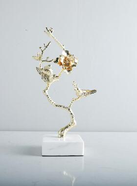 现代新中式创意金属大理石鲜花摆件家居样板房售楼处玄关艺术品