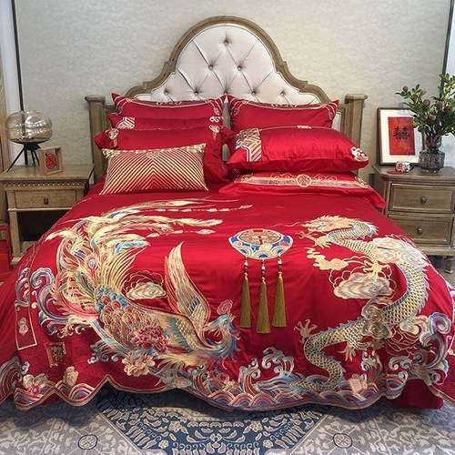 高端140支匹马棉四件套全棉婚庆刺绣被套100纯棉中式新婚床上用品