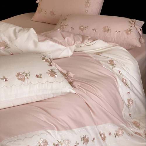 少女心全棉陶瓷磨毛四件套唯美花卉刺绣秋冬加厚纯棉粉色被套床品