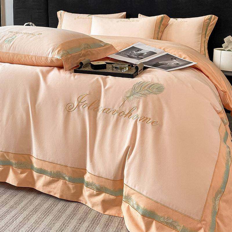 母婴级加厚全棉磨毛四件套纯棉重工刺绣拼接床笠款纯色床上用品