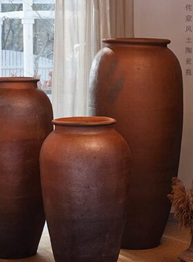 .仛寂土陶咖色翁缸米大6超大瘦高瓶大堂花瓶酒店落地瓶1组合陶罐