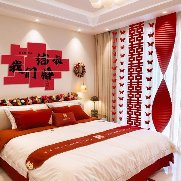 结婚婚房装饰KT板喜字女方男方卧室新房间床头背景墙布置窗帘装饰